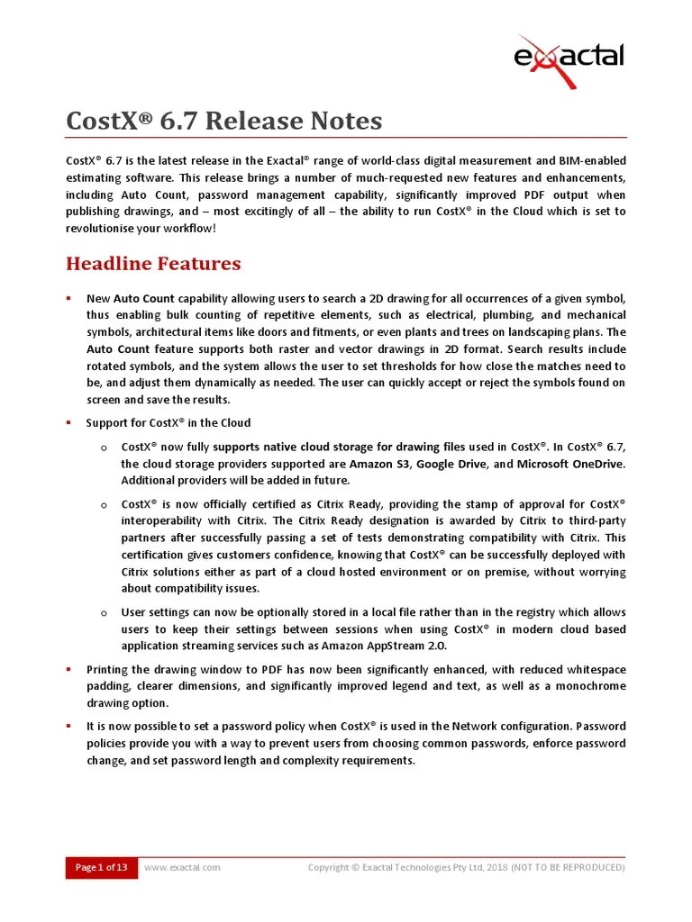 Costx 6.7 Release Notes Headline Features PDF Cloud Computing