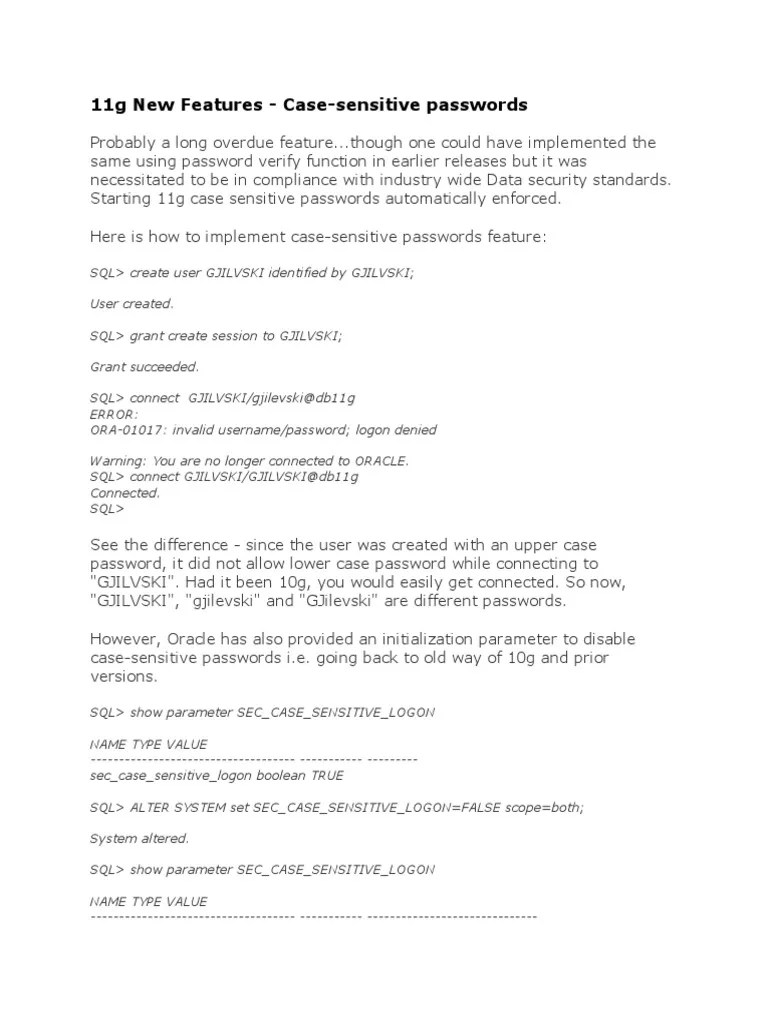 11g New Features CaseSensitive Passwords PDF Password Oracle Database