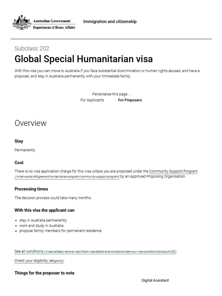 Global Special Humanitarian Visa Subclass 202 PDF Travel Visa
