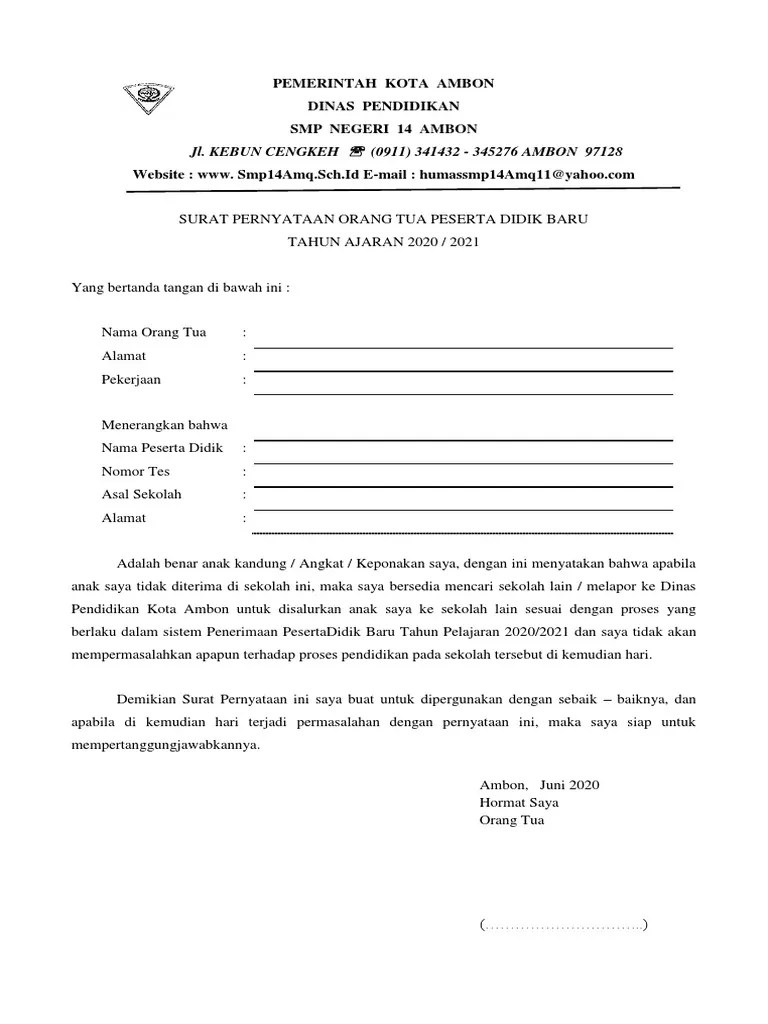 Surat Pernyataan Orang Tua Siswa
