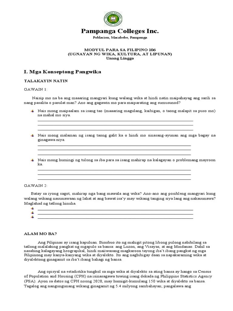 Modyul Sa Filipino 105 (Week1) Modular Class PDF