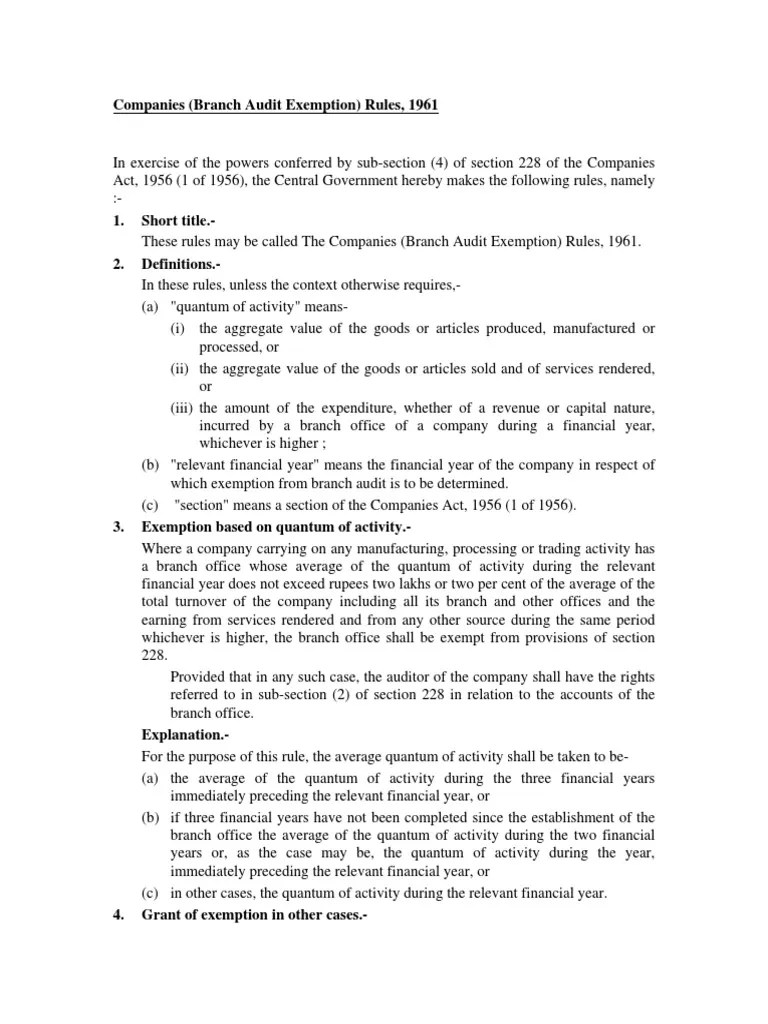 Companies (Branch Audit Exemption) Rules, 1961 Download Free PDF