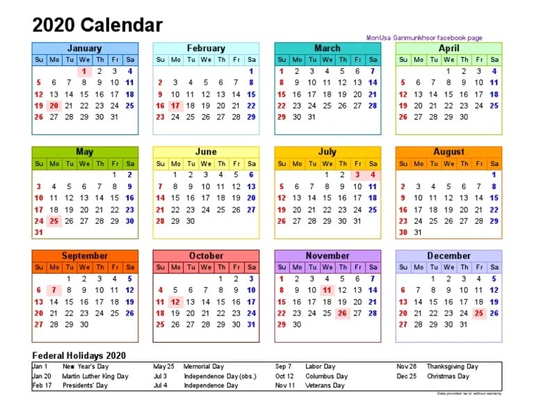 2020 Calendar &amp; Holidays PDF Festival Holidays