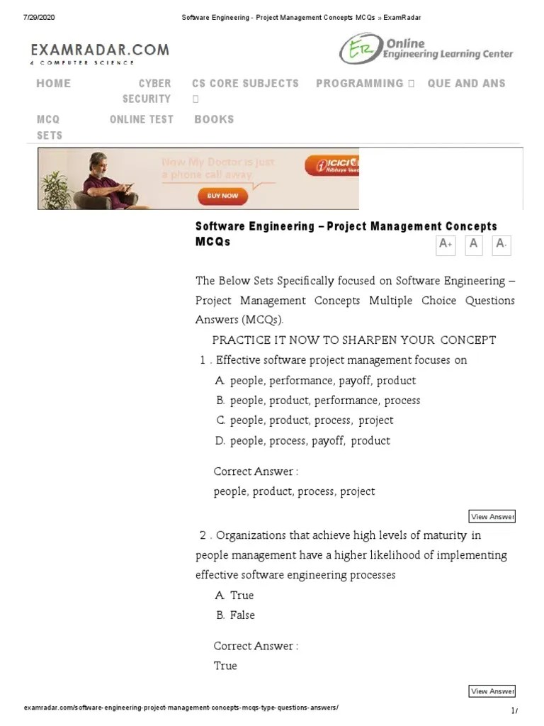 Software Engineering Project Management Concepts MCQs ExamRadar 1
