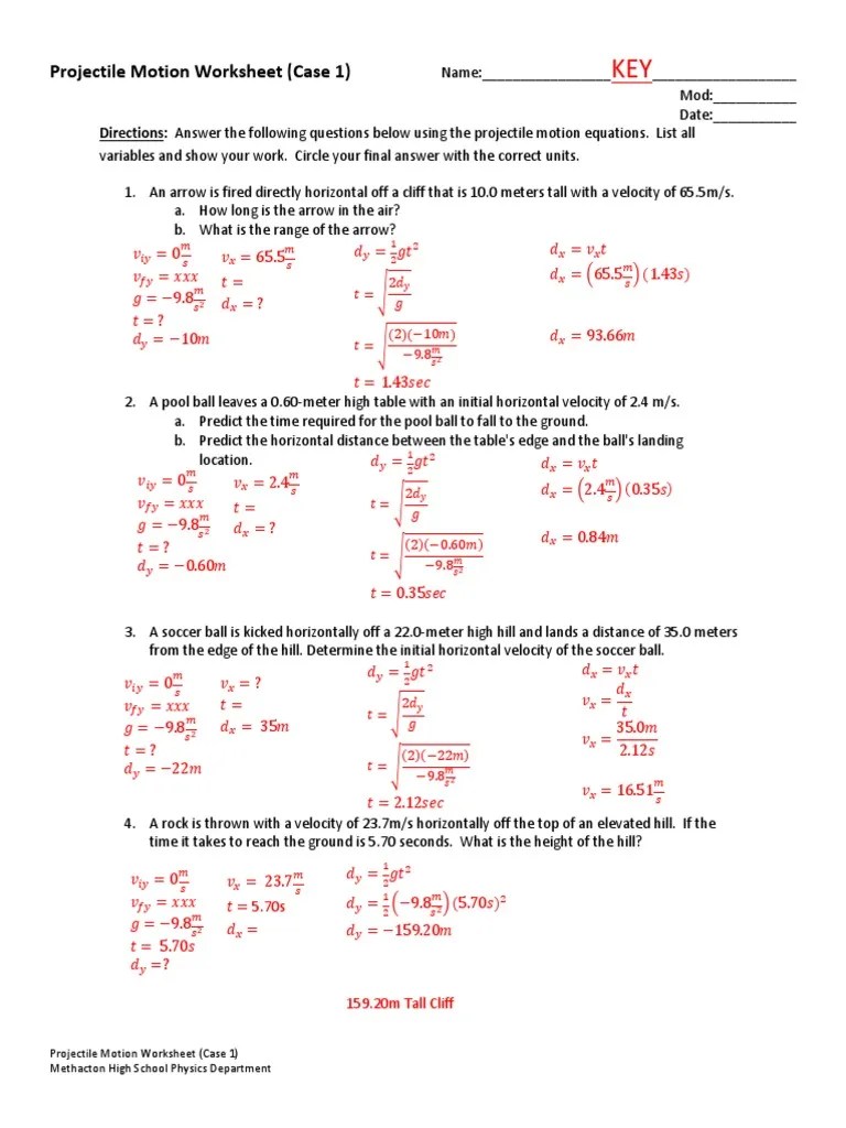 Projectile Motion Worksheet - Case 1 Answer Key | PDF | Projectiles