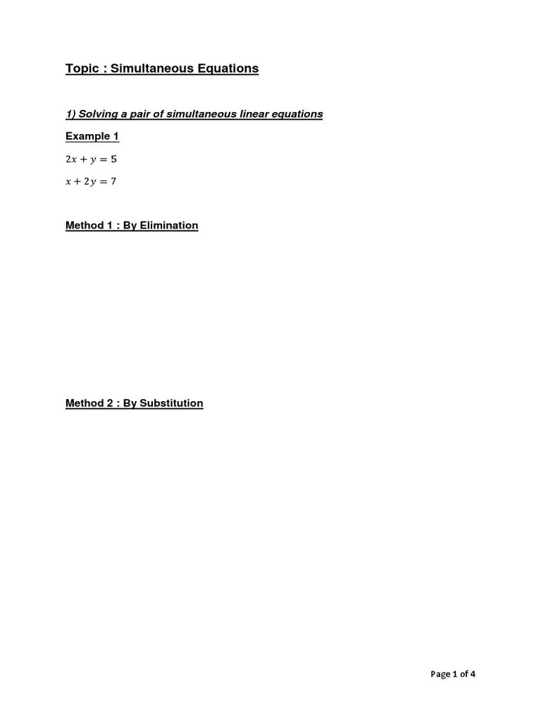 Simultaneous Equations Worksheet 1 PDF