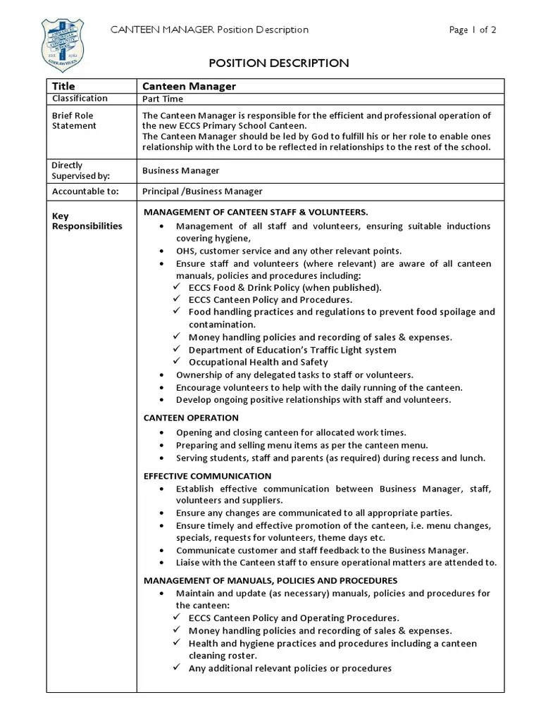 Title Canteen Manager Position Description PDF Cafeteria Foods