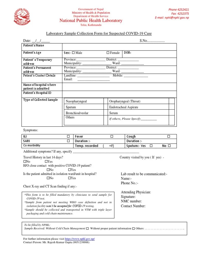 Laboratory Sample Collection Form 3222020 PDF Patient Clinical