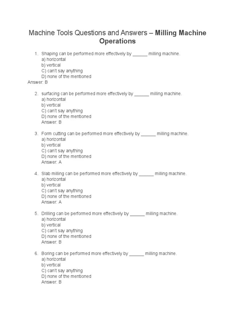 Milling Machine MCQ PDF Tools Crafts