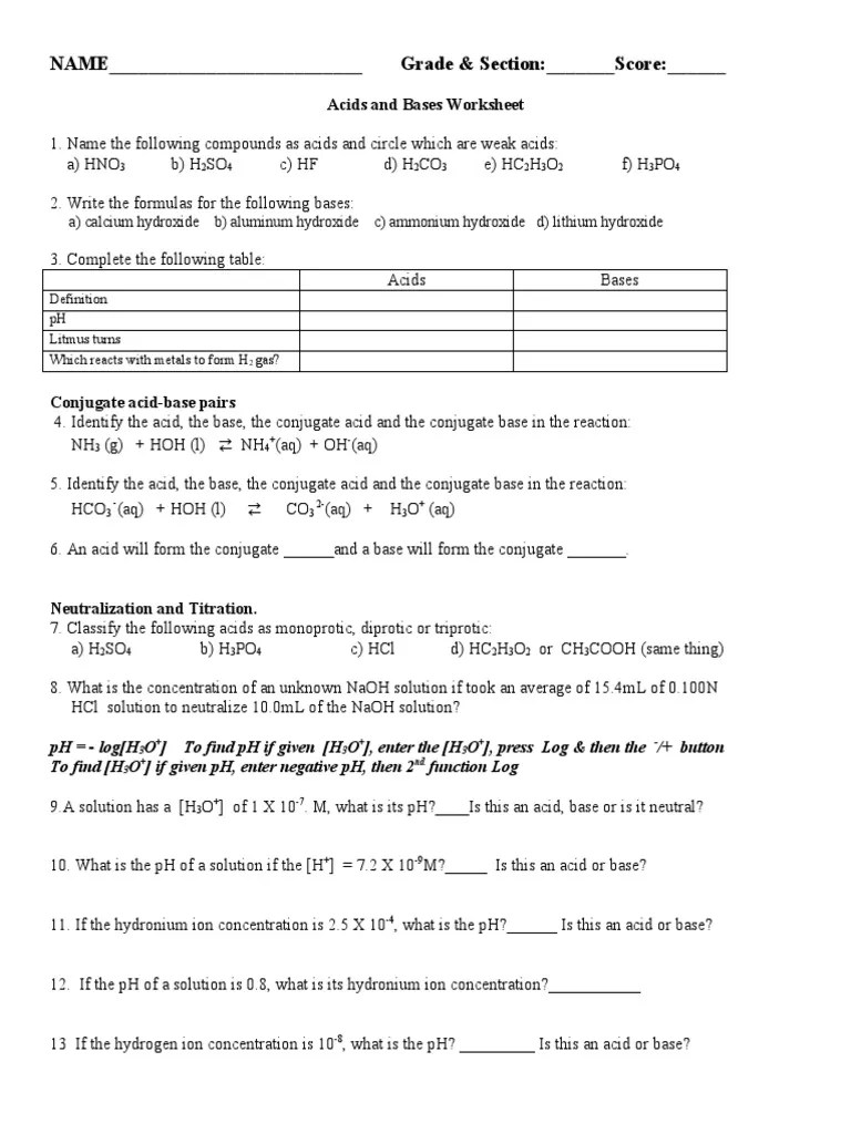 Acids and Bases Worksheet | PDF | Acid | Ph