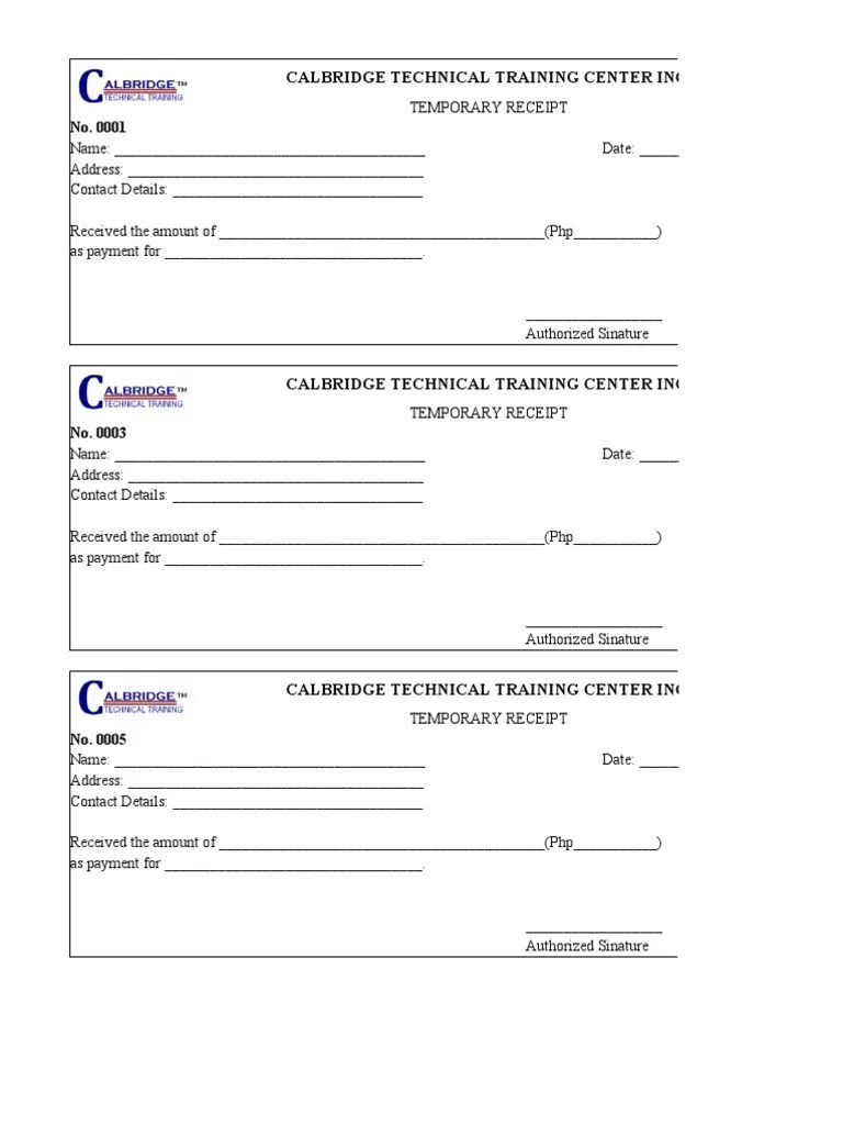 Temporary receipt Business