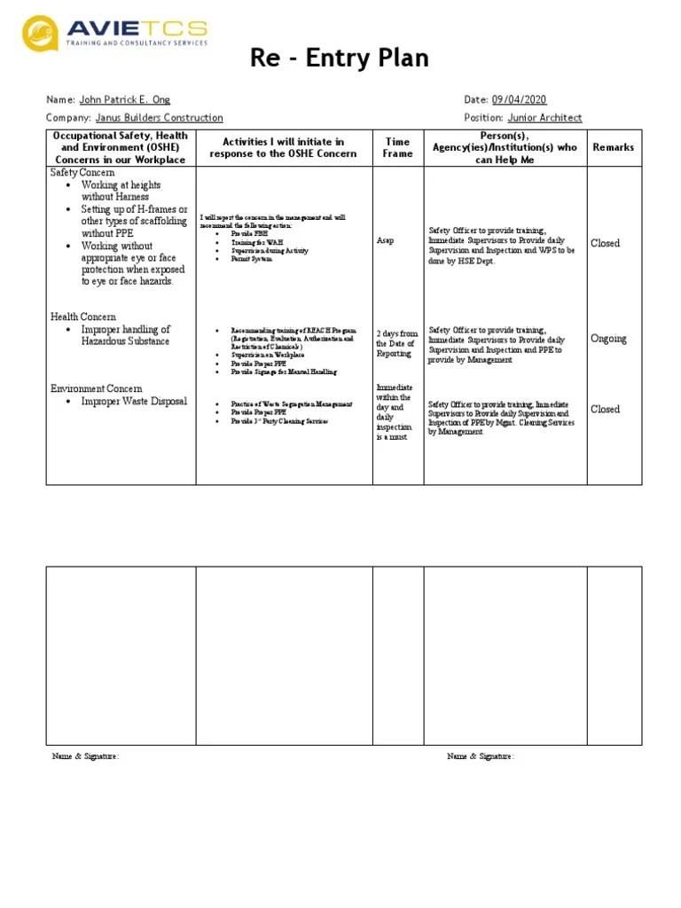 Re Entry Plan Form PDF Personal Protective Equipment Occupational