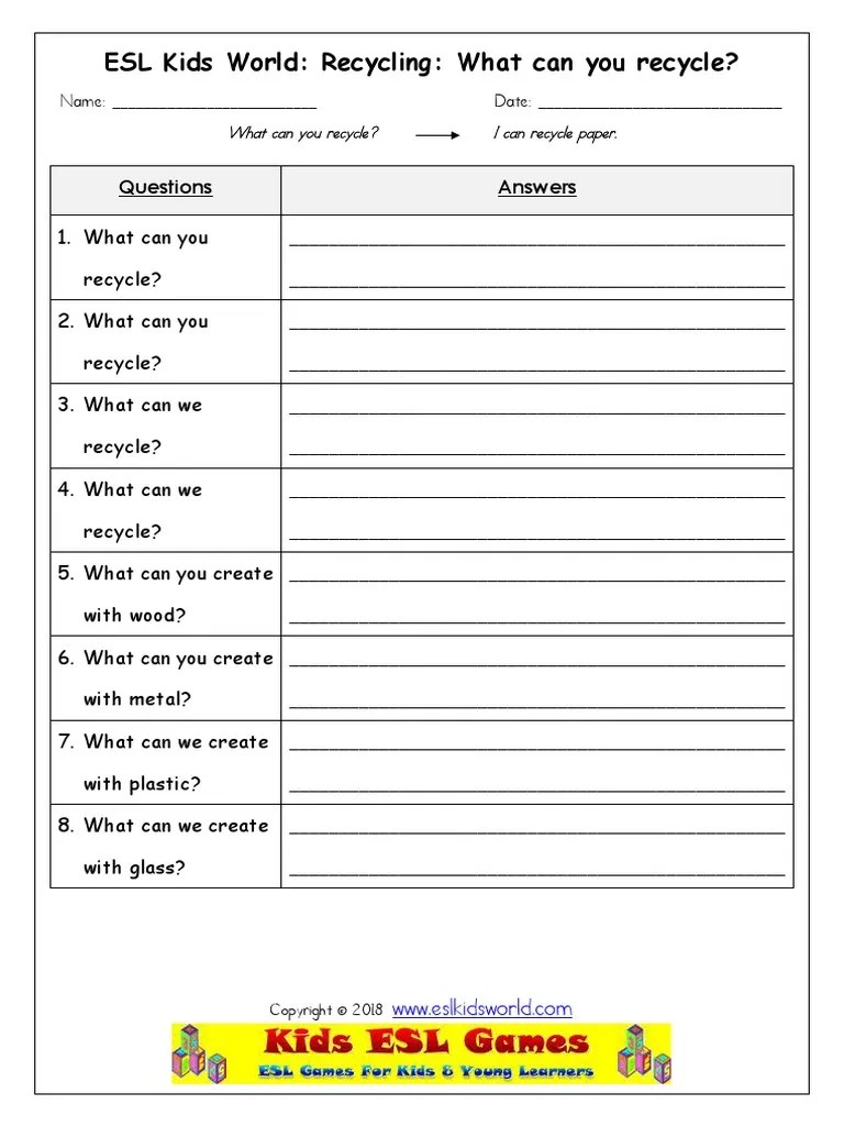 ESL Kids World Recycling What Can You Recycle? Questions Answers PDF