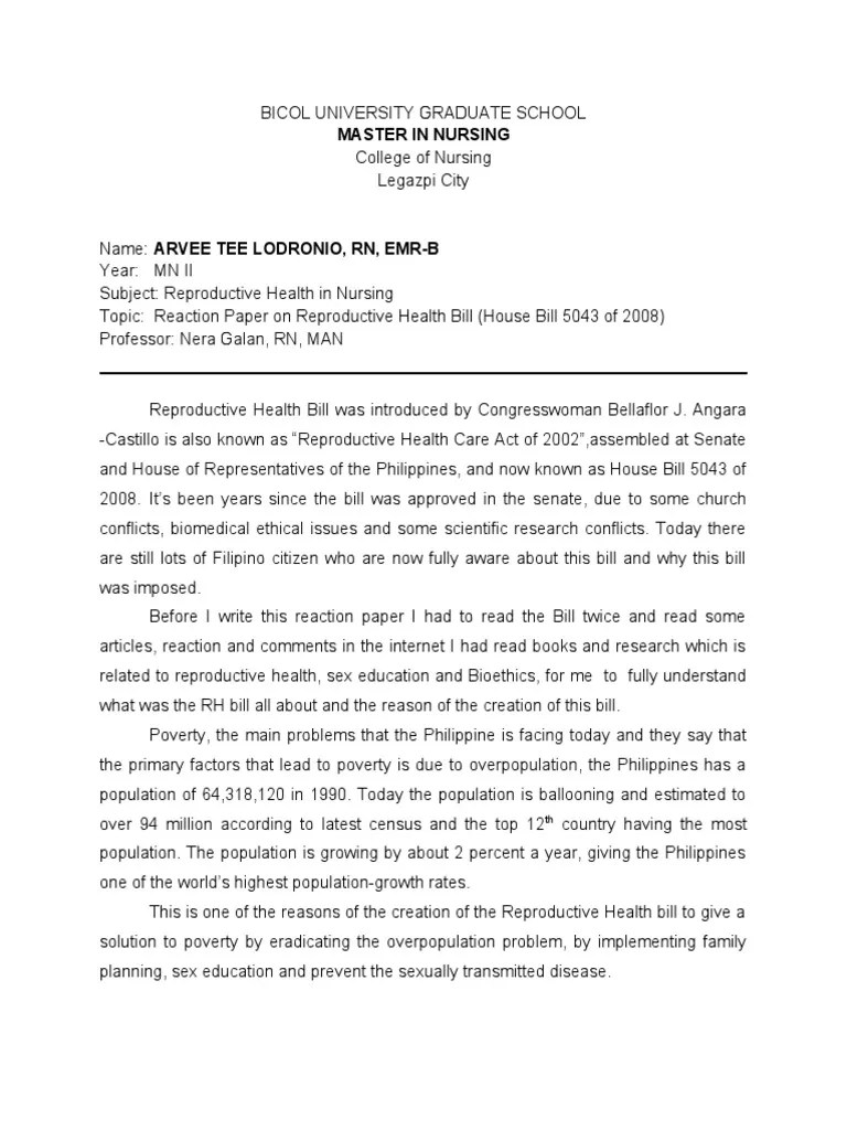 My Reaction Paper RH bill (Short)