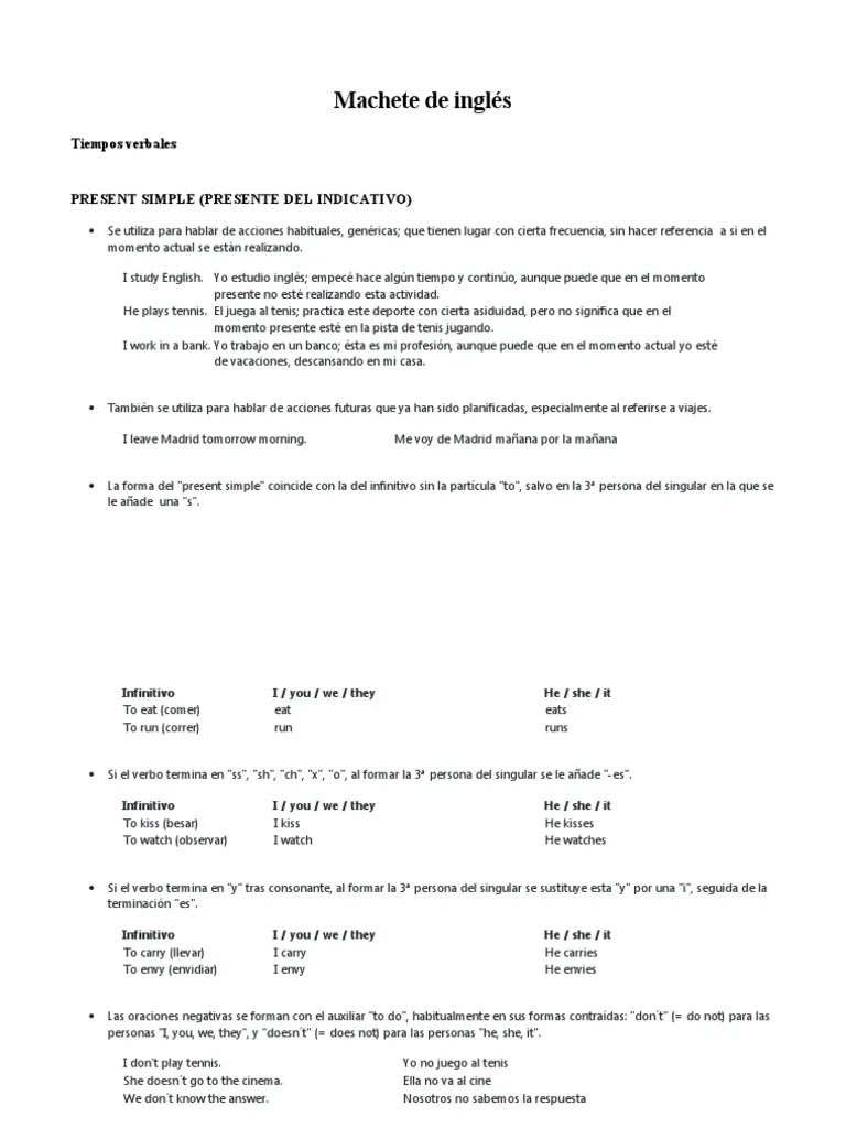 Machete de Inglés PDF Verbo Mecánica del lenguaje