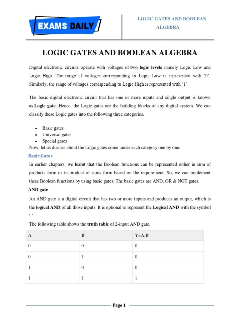 Logic Gates and Boolean Algebra PDF Logic Gate Boolean Algebra