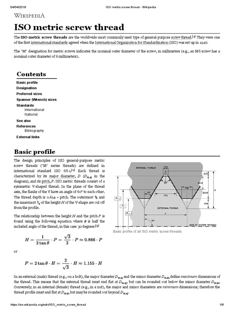 ISO Metric Screw Thread Wikipedia PDF Machining Metalworking