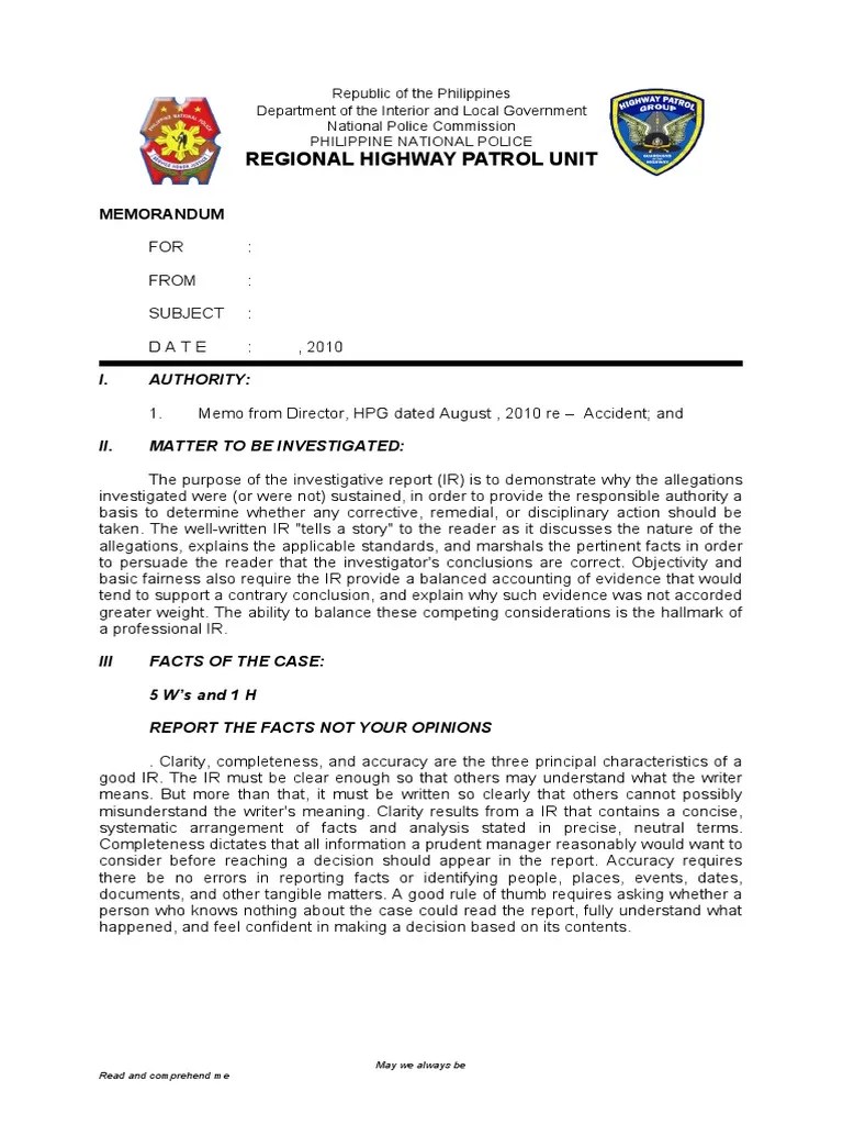 REVISED FORMAT TRAFFIC ACCIDENT INVES. REPORT FORM (1) Memorandum