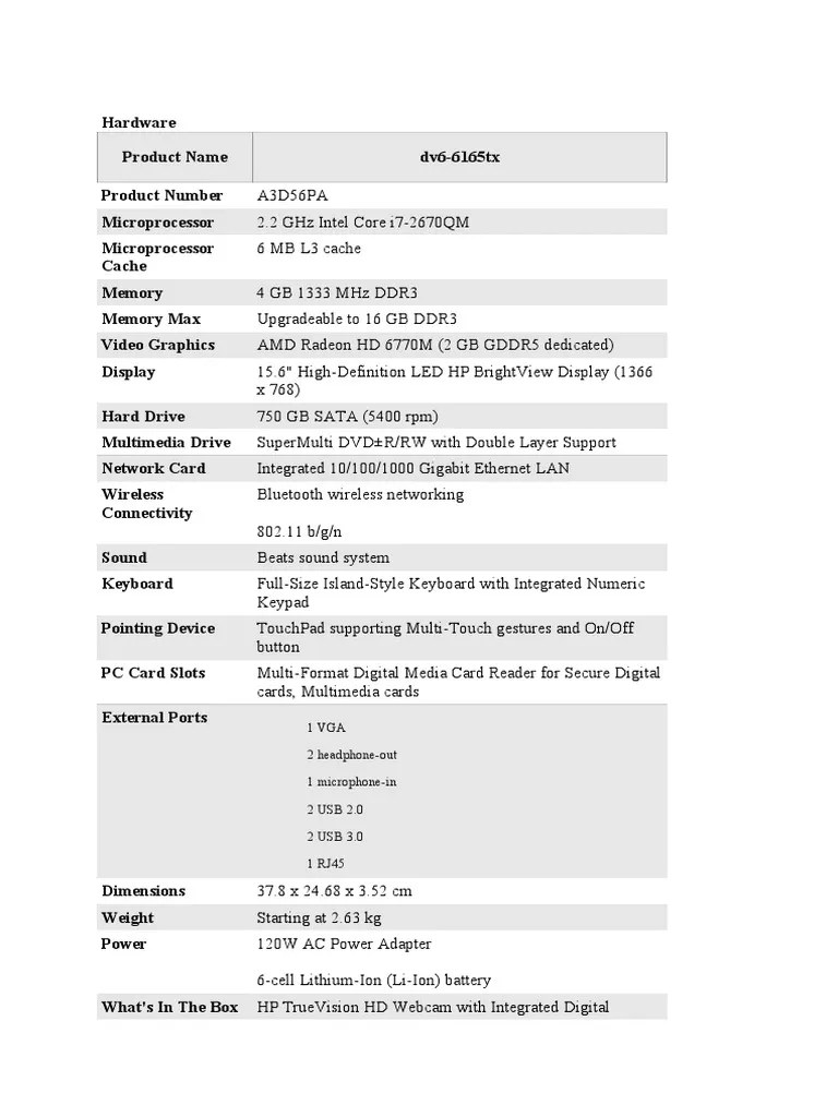 HP Pavilion dv6-6165tx Specifications | PDF