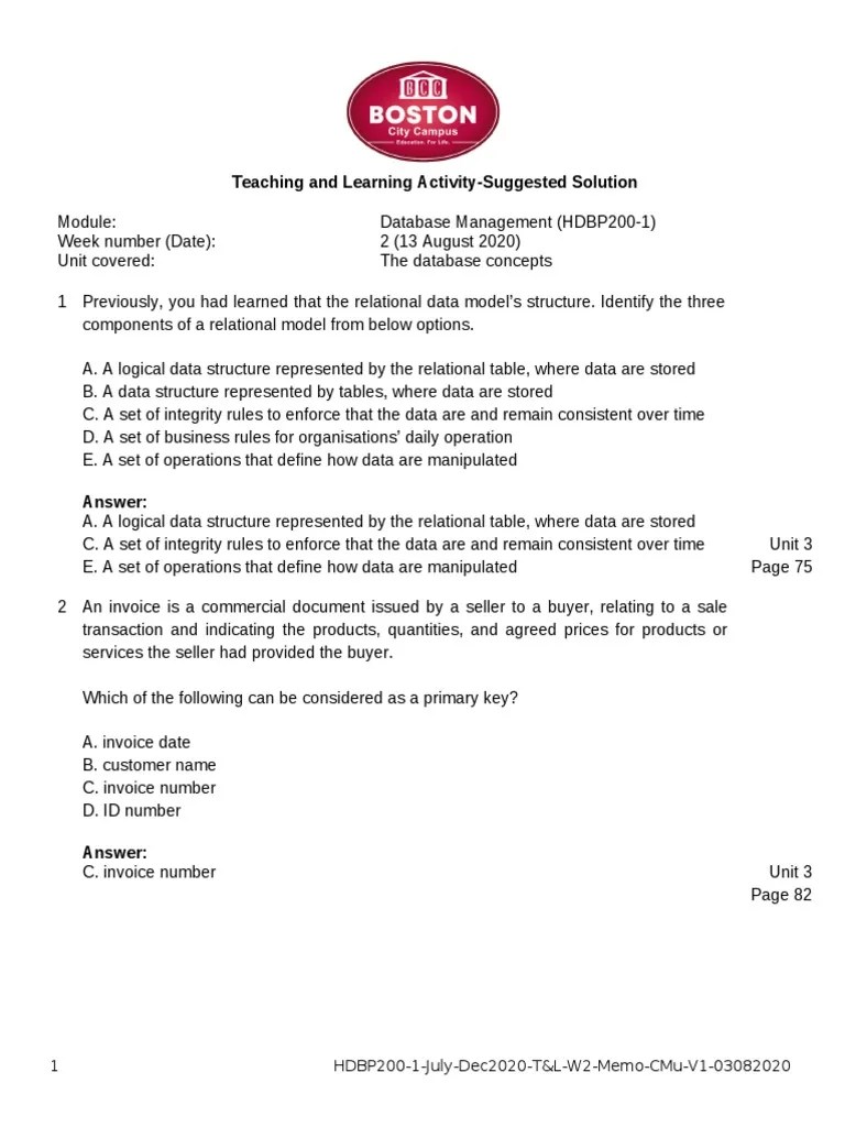 Solutions to Database Concepts Practice Questions Covering Relational