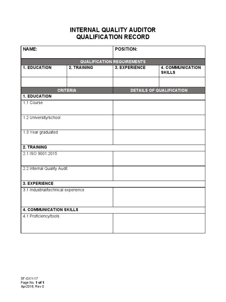 Internal Quality Auditor Qualification Record PDF