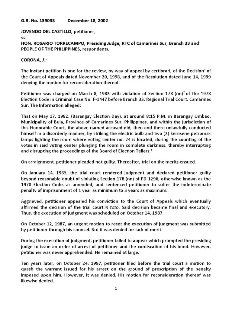 Del Castillo Vs Torrecampo G.R. No. 139033 Dec 18, 2002 PDF Statute Of Limitations