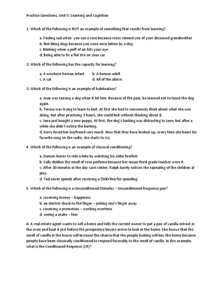 Unit 5 Practice Questions Recall (Memory) Memory