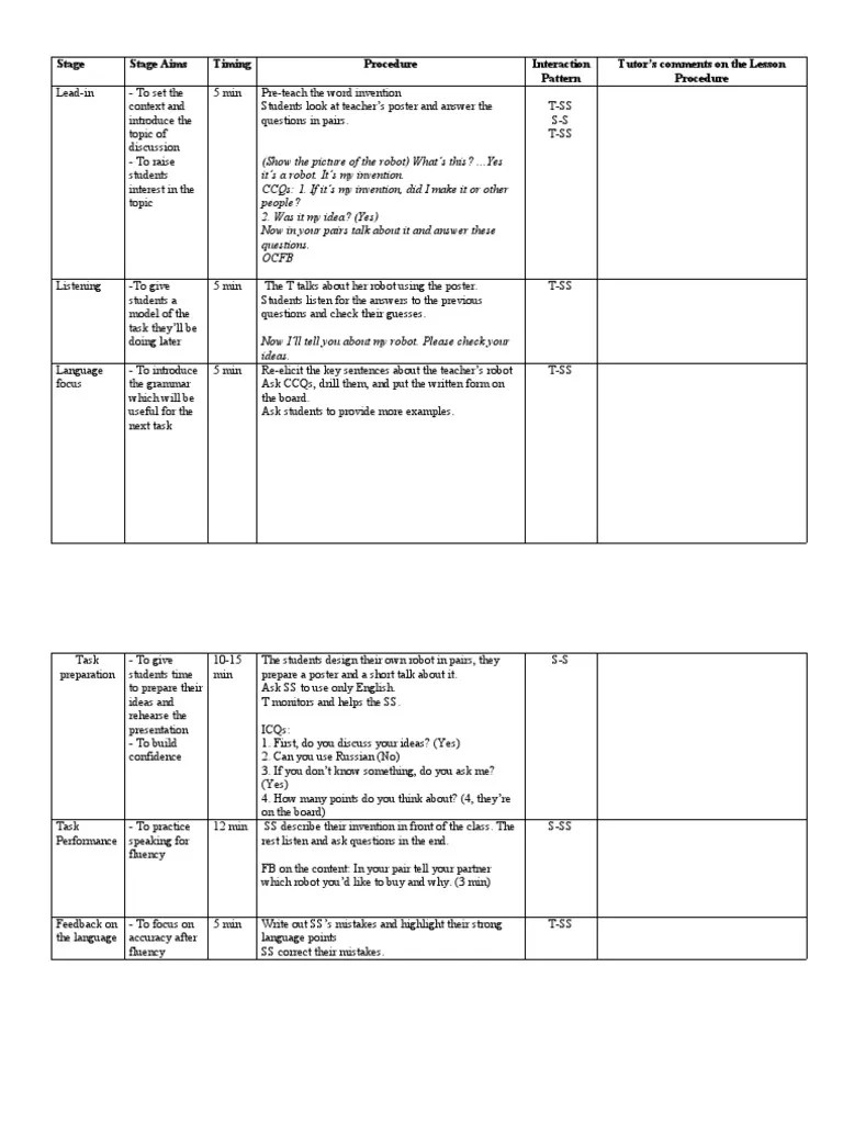 CELTA Lesson Plan Task Based Learning (TBL) PDF Fluency Question
