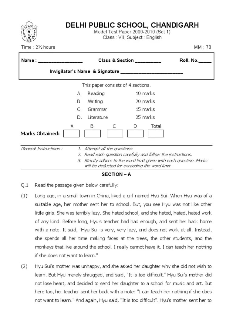 Class VII English Sample Paper
