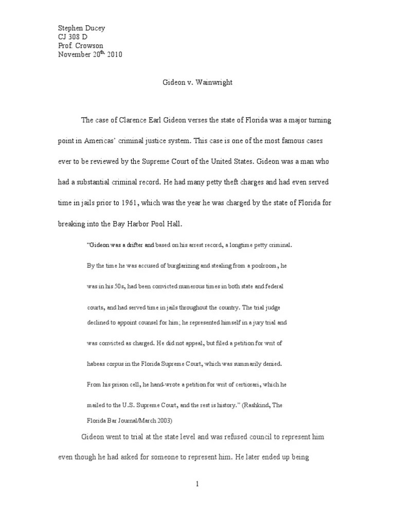 Gideon v Gideon V. Wainwright Supreme Court Of The United States