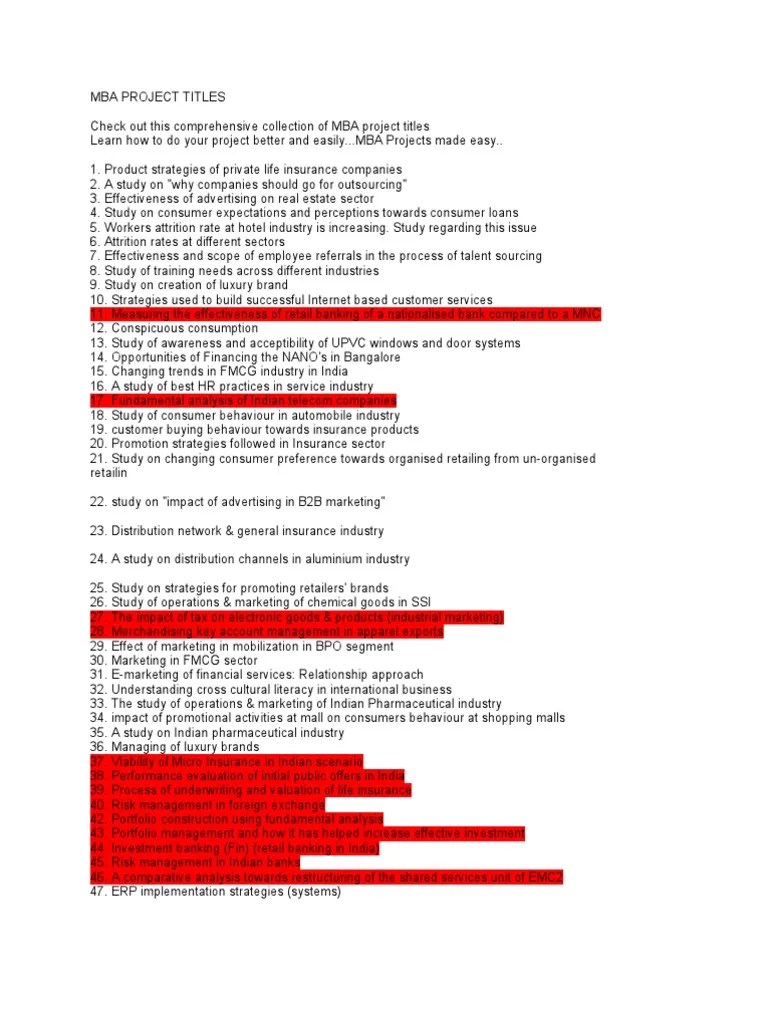 MBAProjectTitles Consumer Behaviour Retail