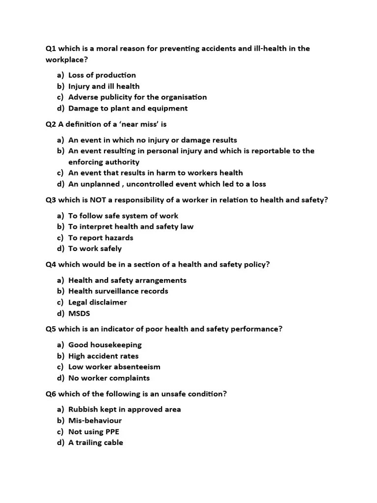 HSW Question Paper PDF Occupational Safety And Health Personal