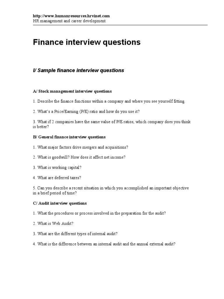 I/ Sample Finance Interview Questions PDF