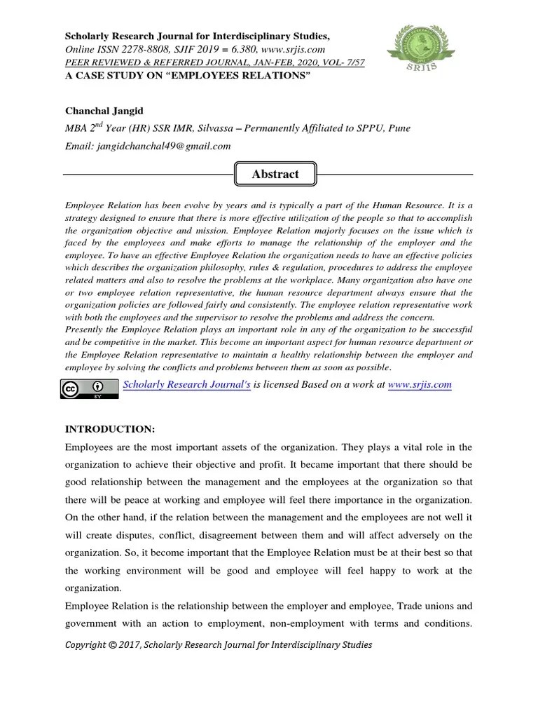 A Case Study On "Employees Relations" PDF Employment Human