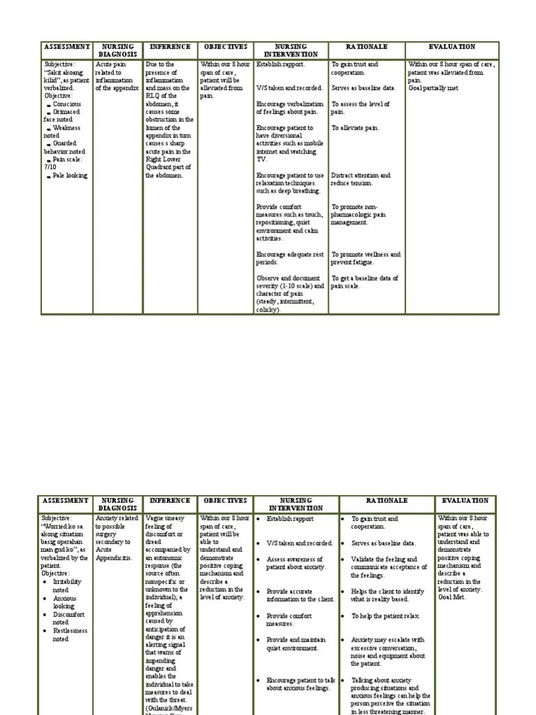 Assessment Nursing Diagnosis Inference Objectives Nursing 