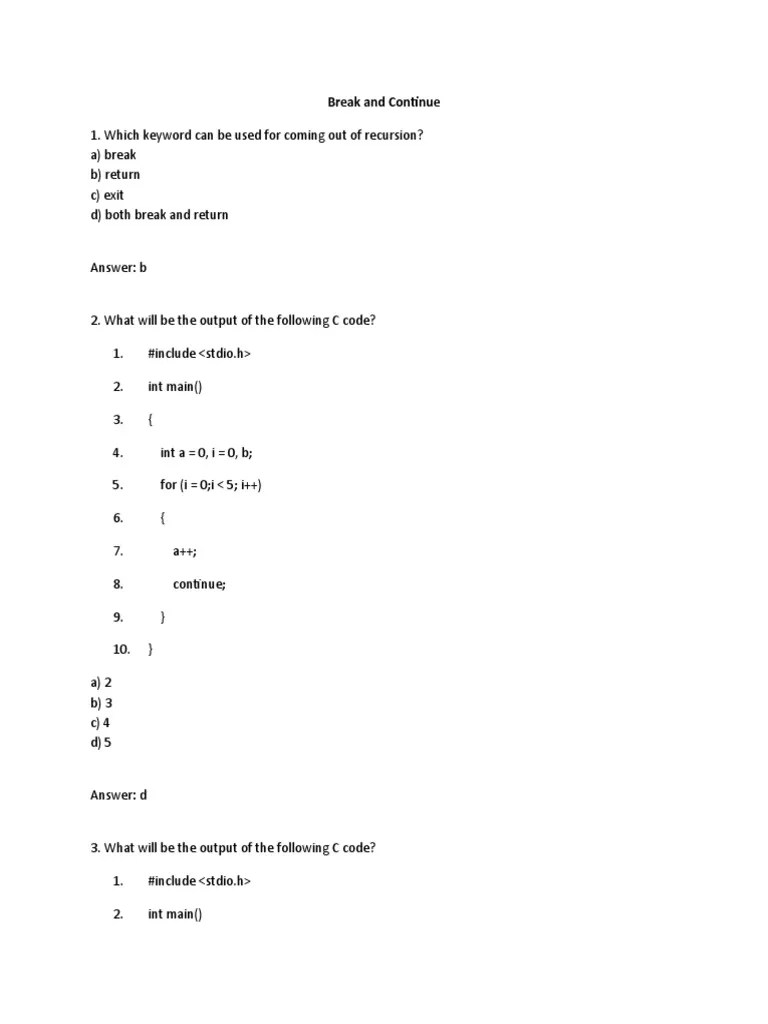 Break and Continue MCQ Ans PDF C (Programming Language