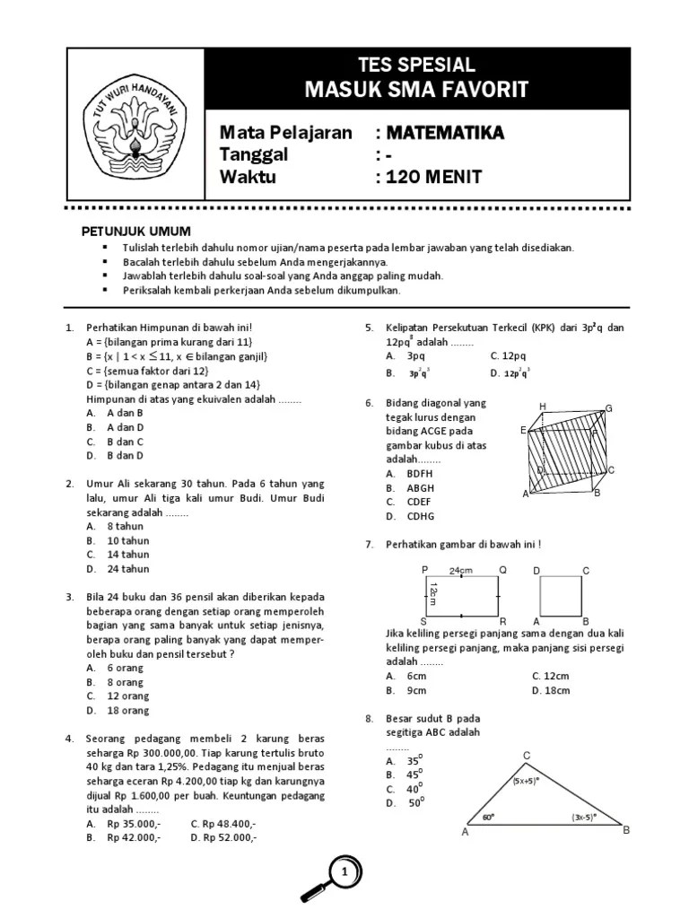 Prediksi Soal Masuk SMA Faforit MATEMATIKA | PDF
