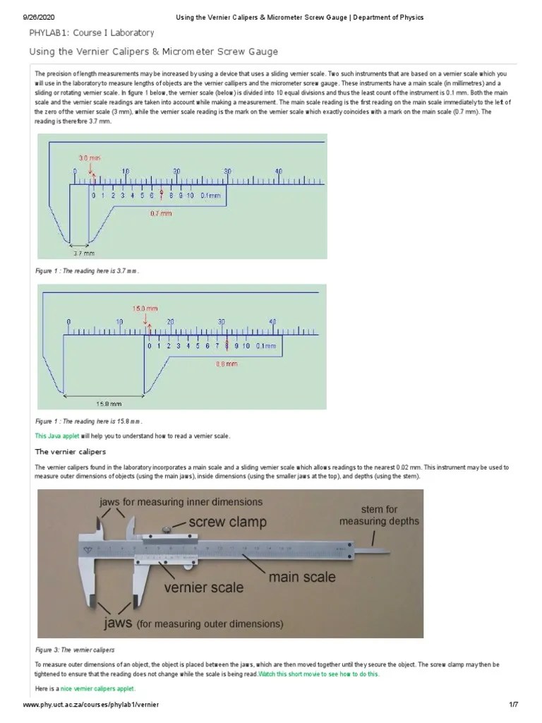 Using The Vernier Calipers & Micrometer Screw Gauge Department of Physics PDF Tools
