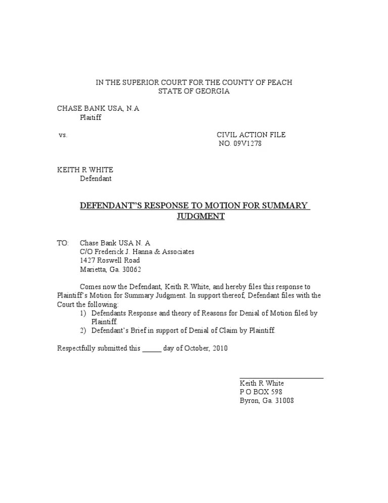 DEFENDANTS REsponse To Motion For Summary Judgement