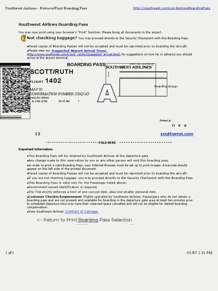 Southwest Airlines Boarding Pass Southwest Airlines Print Receipt PDF
