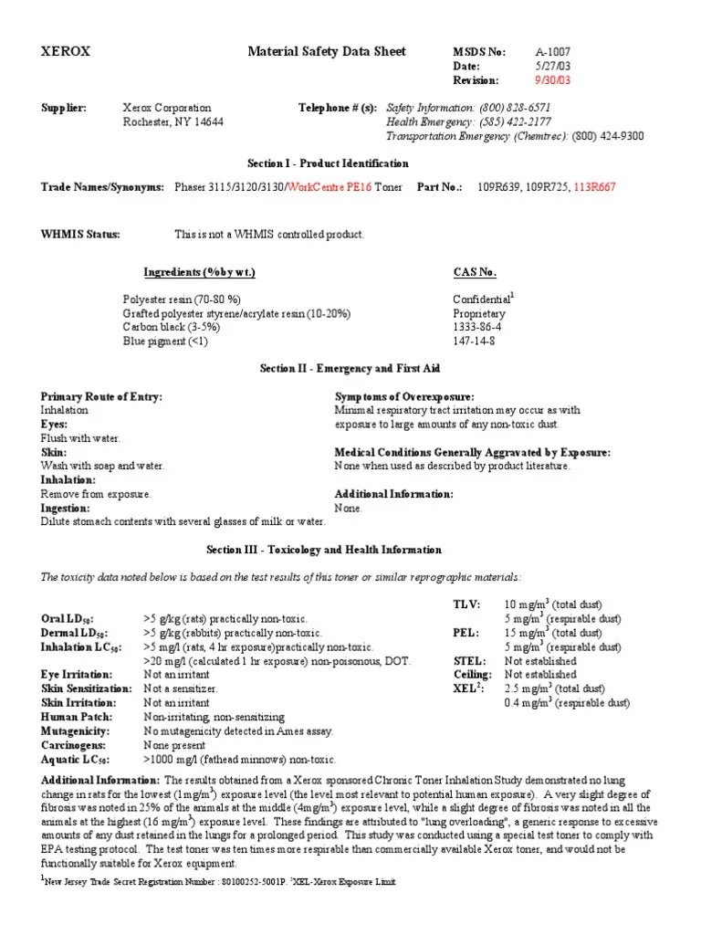 Xerox Material Safety Data Sheet Health Emergency (585) 4222177