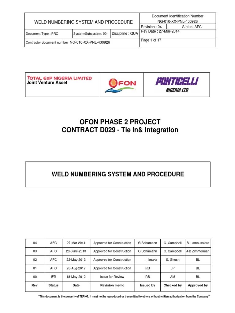 NG018XXPNL430926 Rev04 Weld Numbering System and Procedure