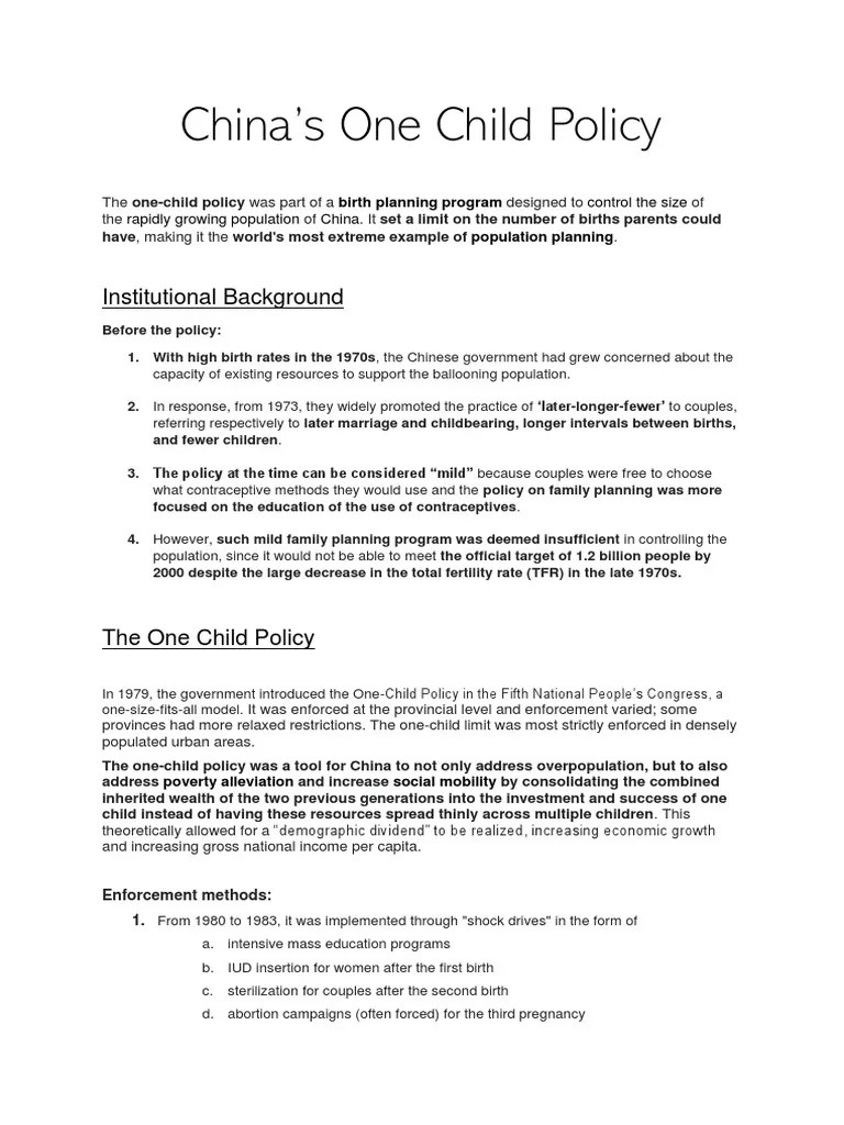 China One Child Policy PDF Family Planning Total Fertility Rate