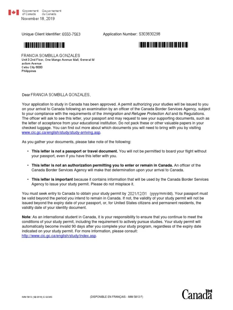 Study Permit Approval Letter PDF Travel Visa Passport