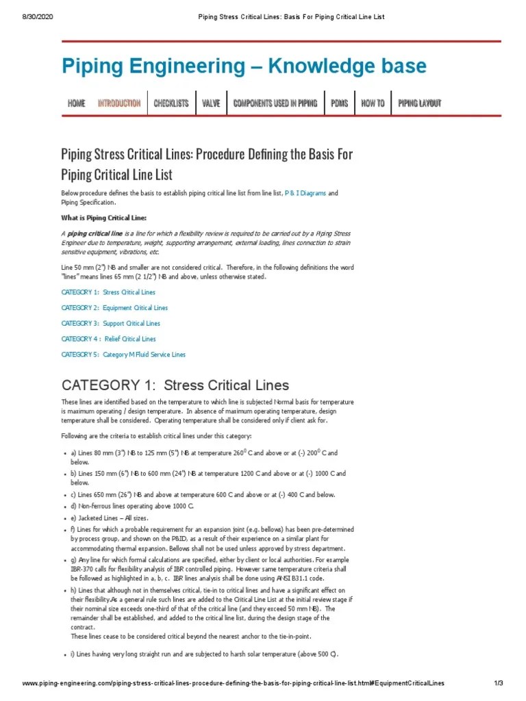 Piping Stress Critical Lines Basis For Piping Critical Line List PDF