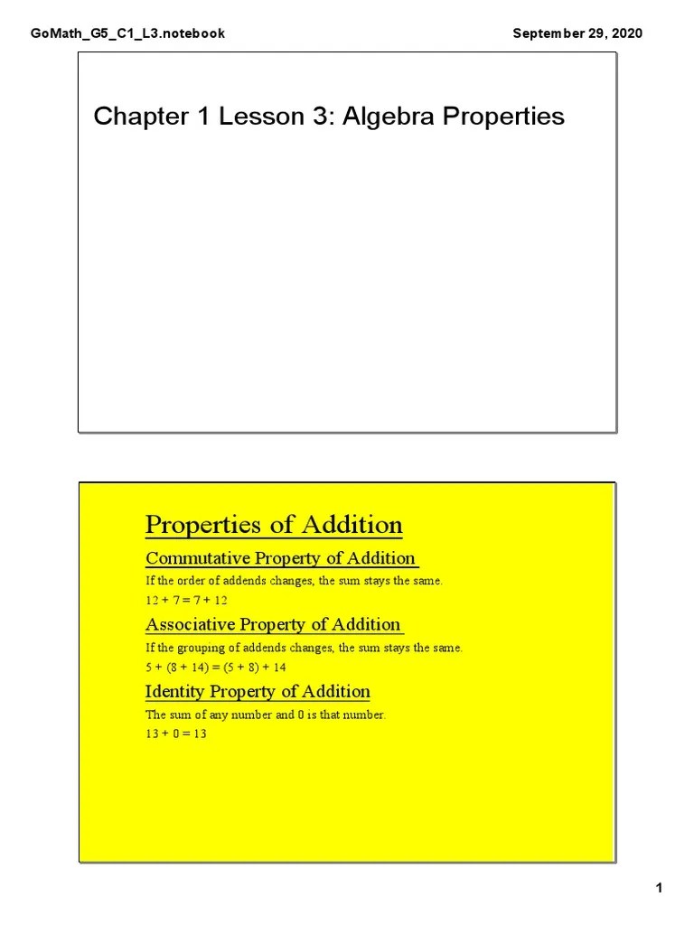 Chapter 1 Lesson 3 Algebra Properties PDF Multiplication Algebra