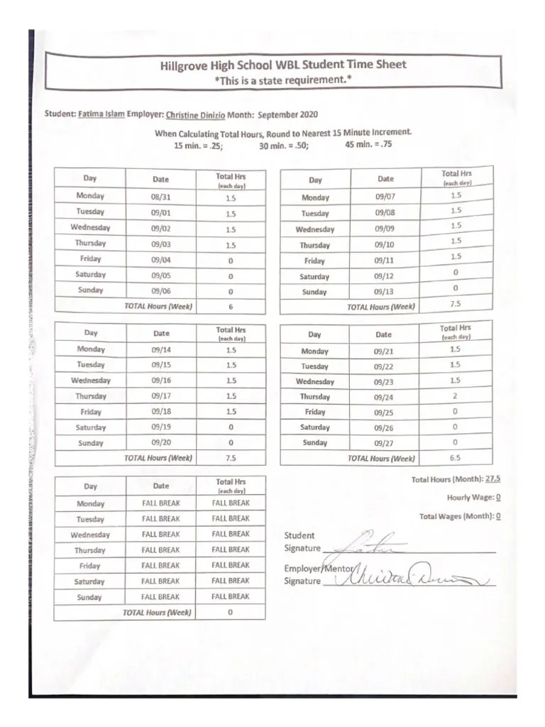 Hillgrove High School WBL Student Time Sheet PDF