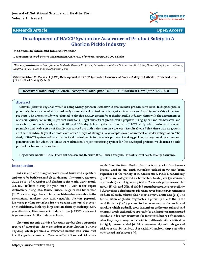 Development of HACCP System For Assurance of Product Safety in A