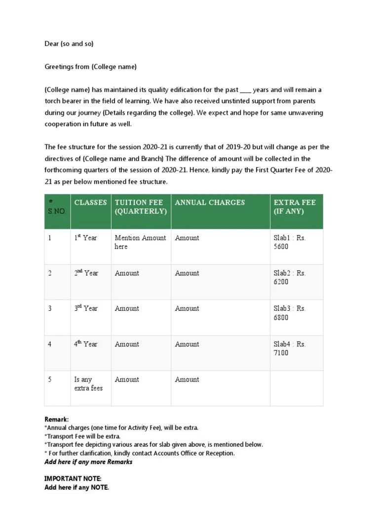 CIRCULAR FOR PARENTS FEE Declaration Format PDF