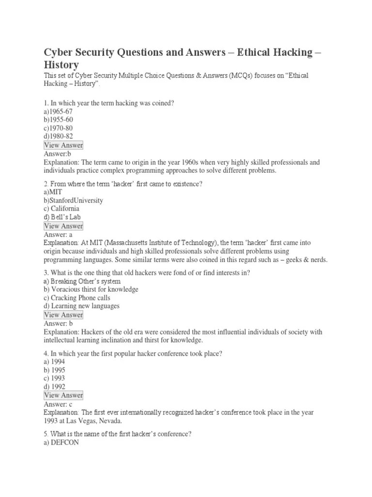 Cyber Security Questions and Answers PDF PDF Security Hacker